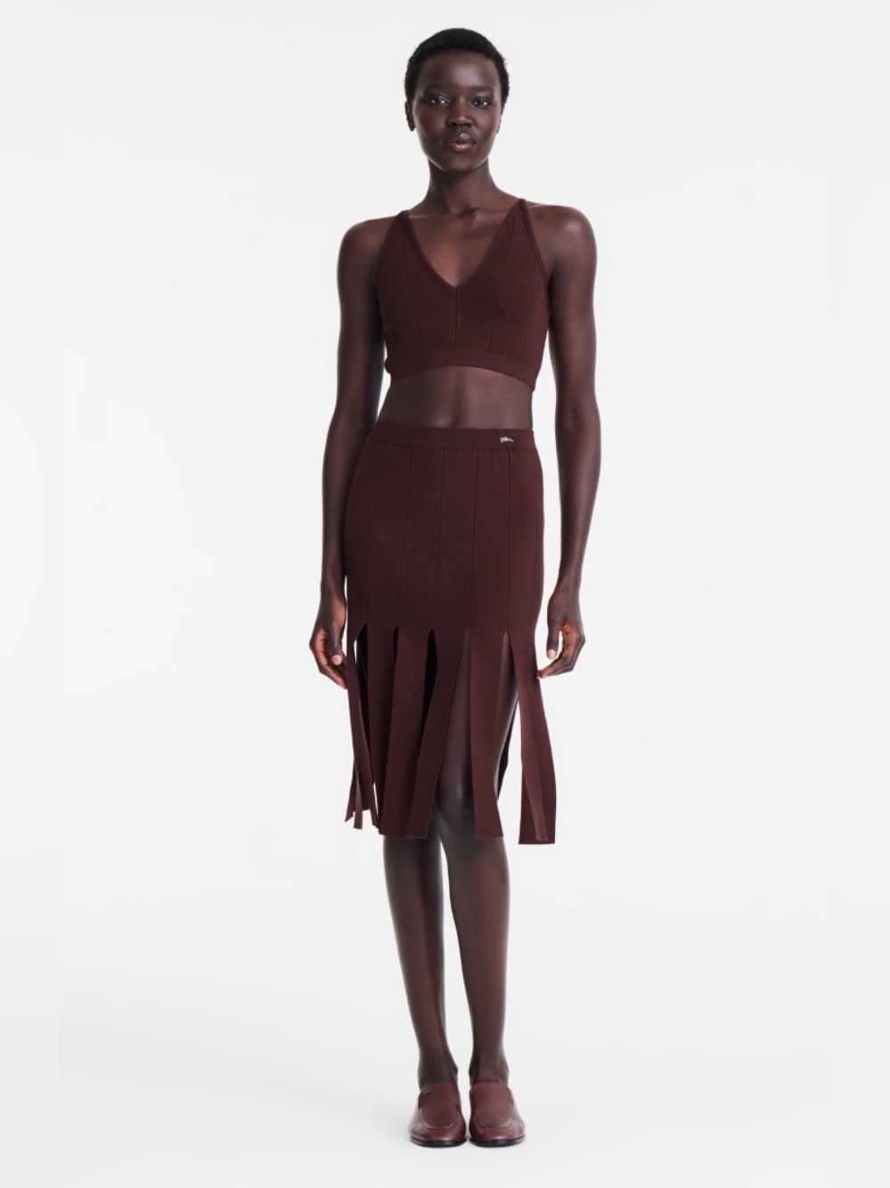 Longchamp SS26 Knit 2 Piece Set S Burgundy Crop Top Fringe Midi Skirt Italy